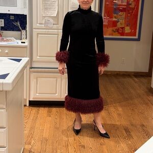 MODESEES velvet faux ostrich feather dress.